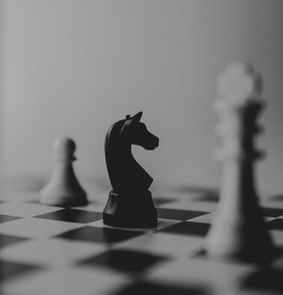 Black knight chess piece on a board, shallow depth of field